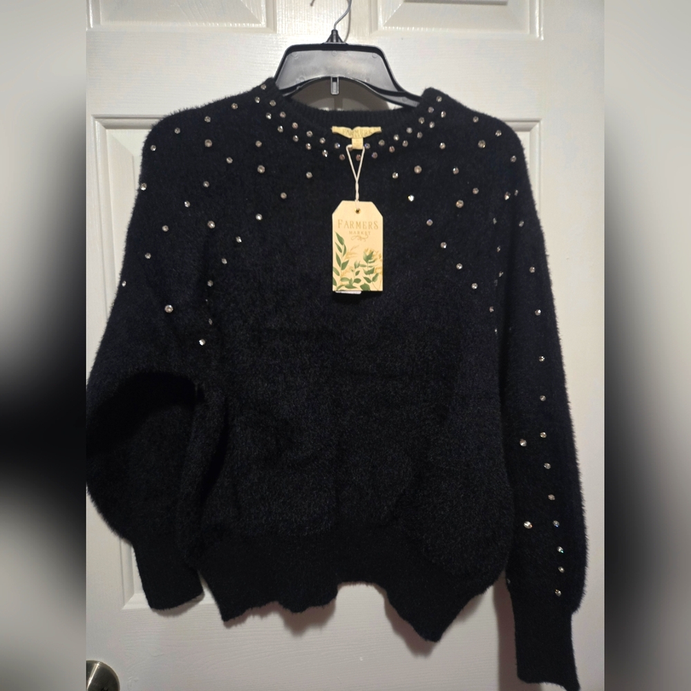 Farmers Market Black Sweater with Rhimstones Accents, Soft